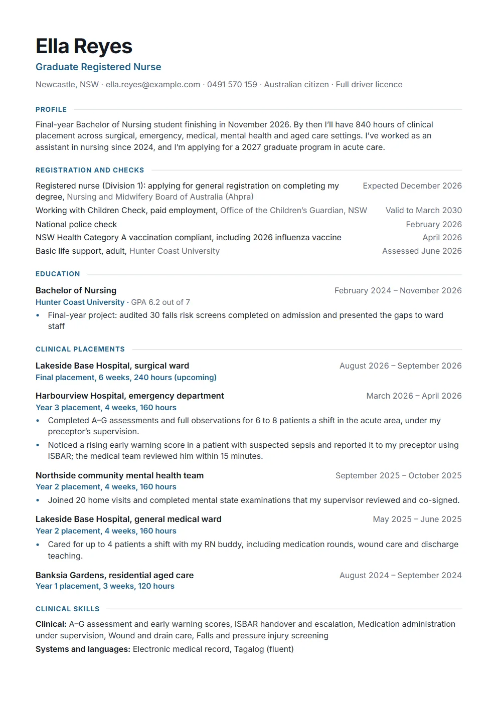 An example Australian graduate nurse resume, with registration and checks under the profile and five clinical placements