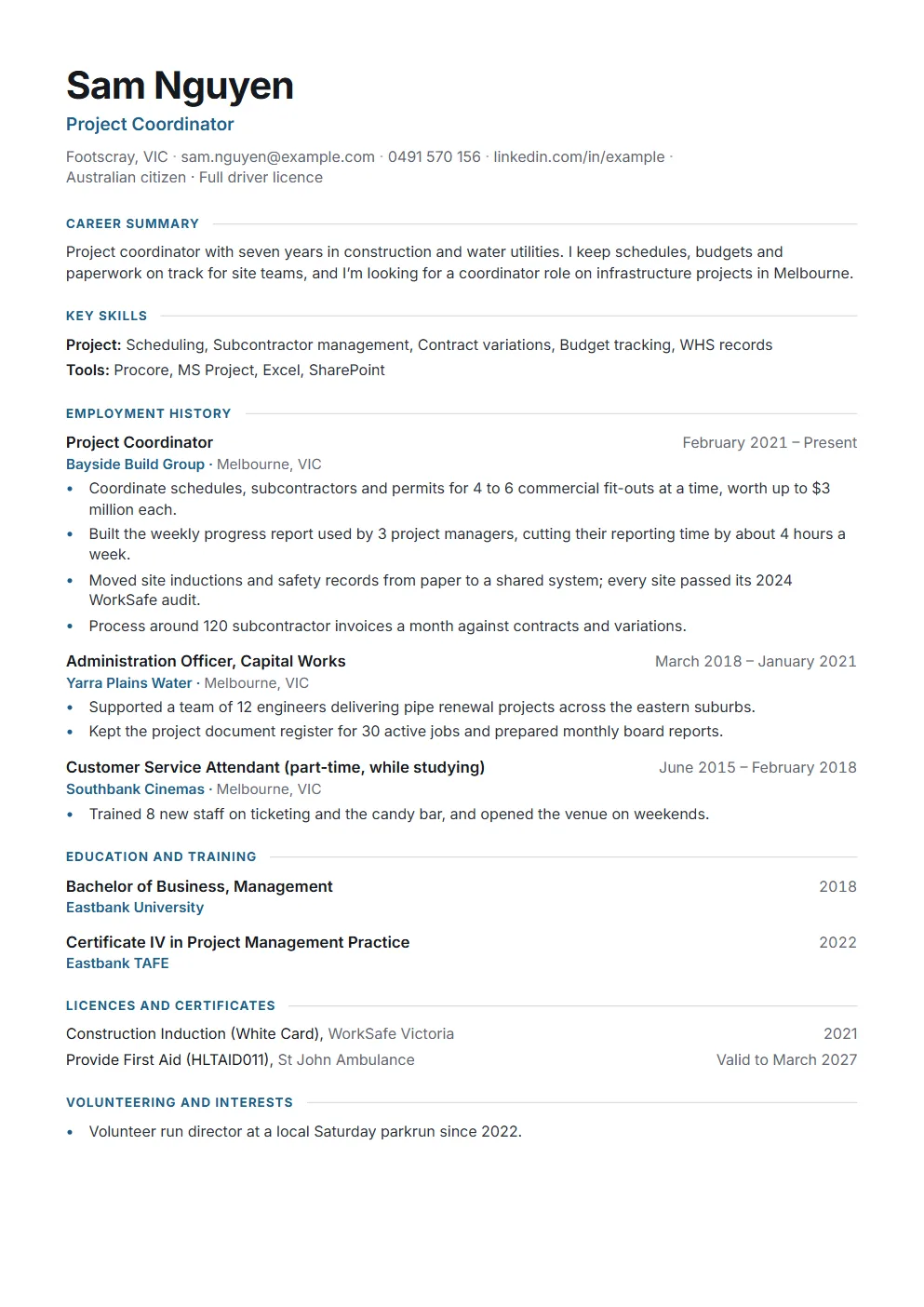 An example Australian resume made with the template