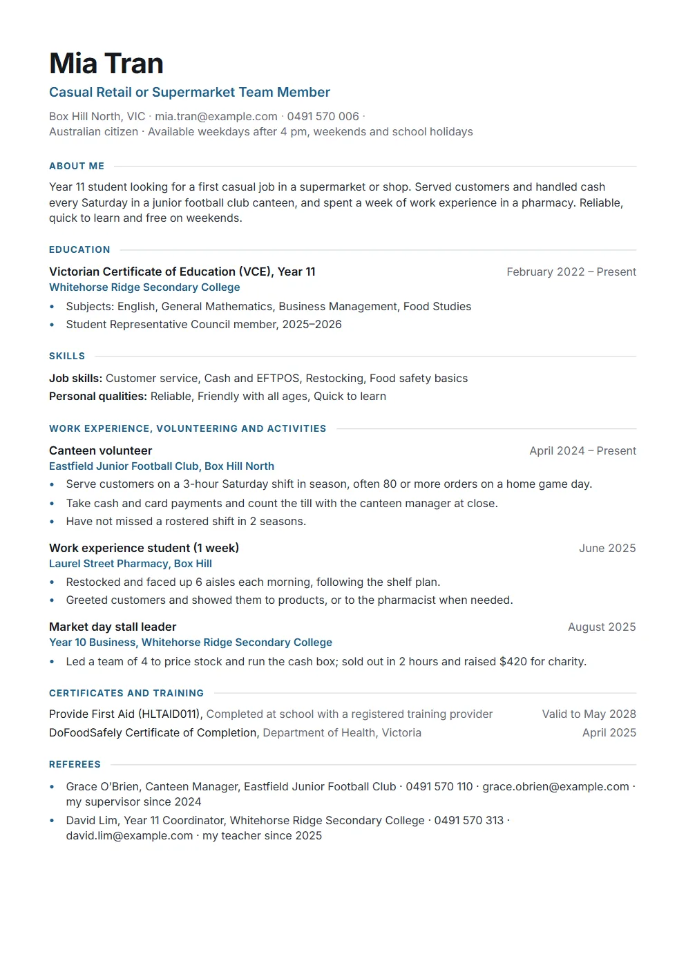 An example Australian student resume for a first casual job, made with the template