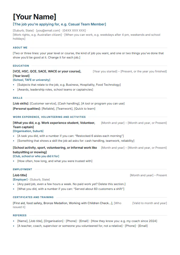 The blank Student resume (Australia) template, with prompts in square brackets