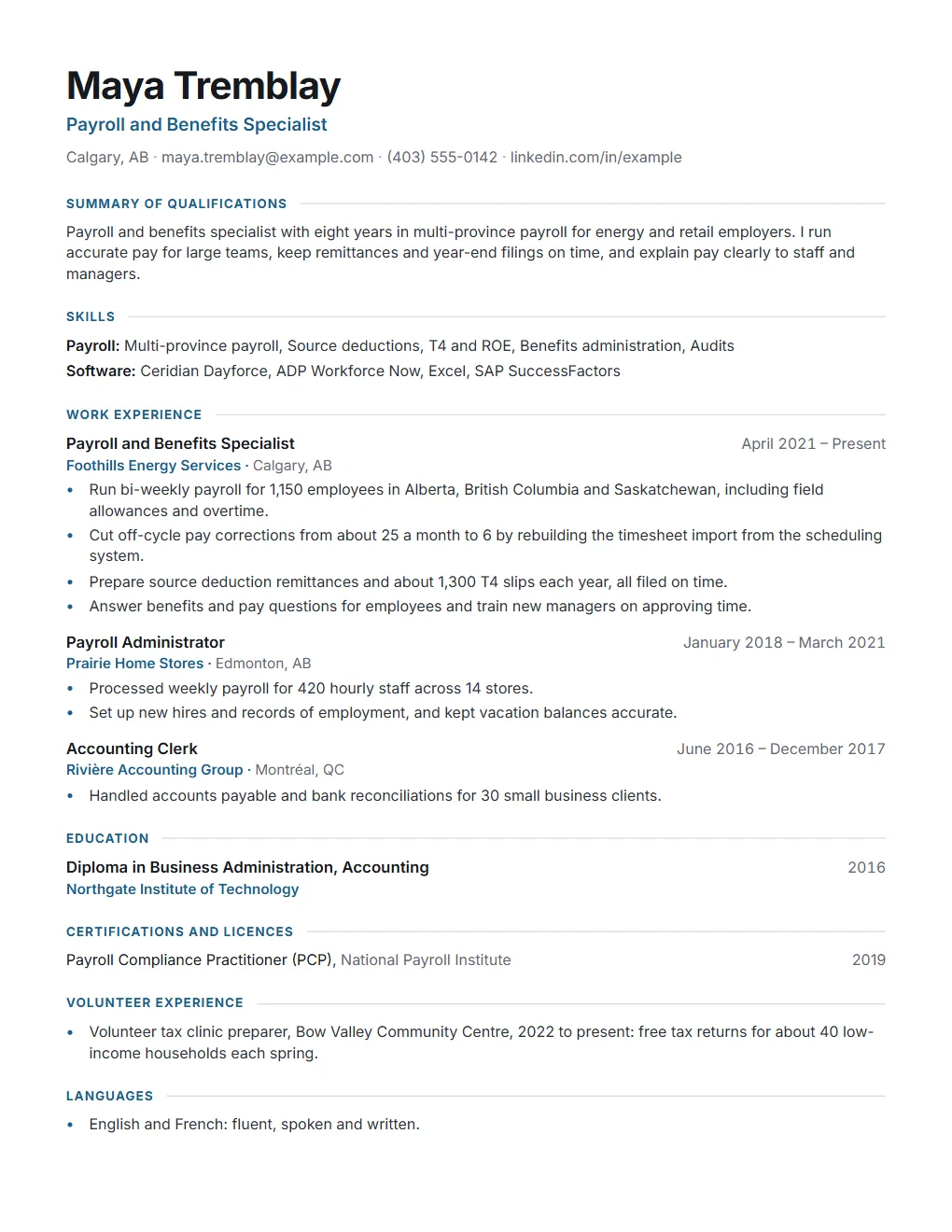An example Canadian resume made with the template