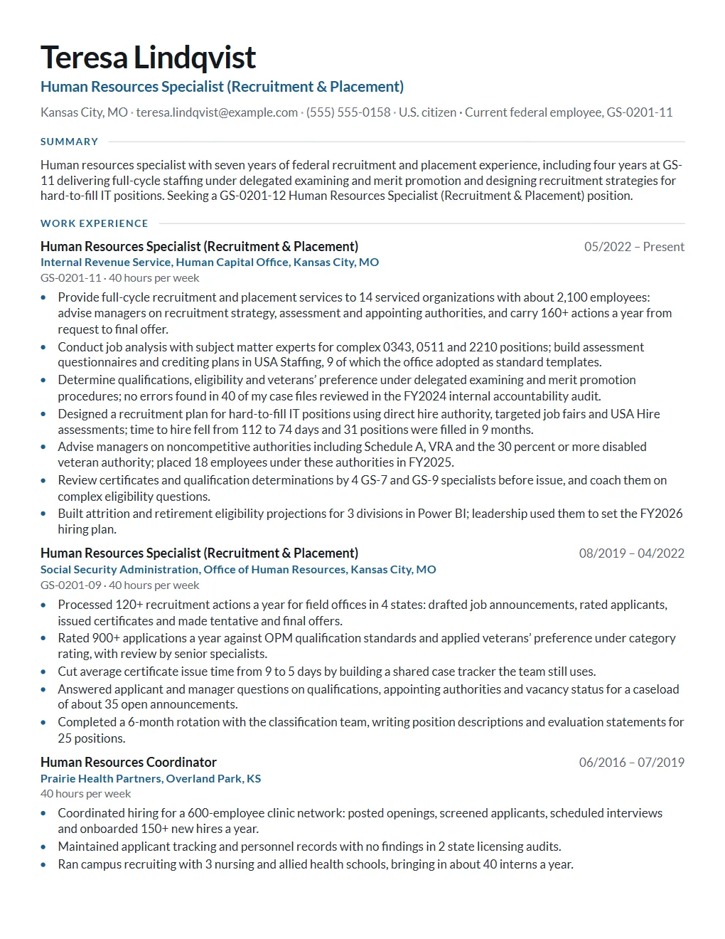 Page 1 of an example two-page federal resume for GS-0201-12 Human Resources Specialist (Recruitment & Placement)