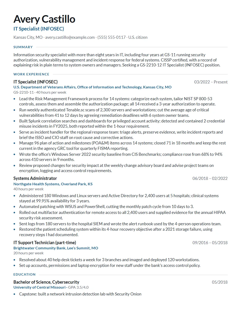 Page 1 of an example two-page federal resume for GS-2210-12 IT Specialist (INFOSEC)