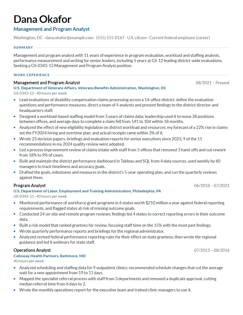 Page 1 of an example two-page federal resume for GS-0343-13 Management and Program Analyst