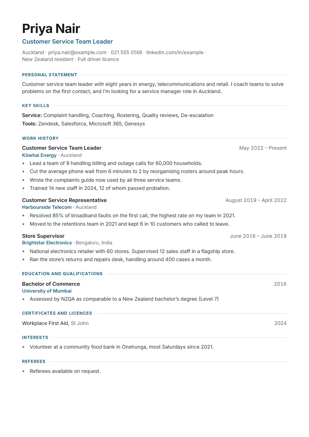 An example New Zealand CV made with the template
