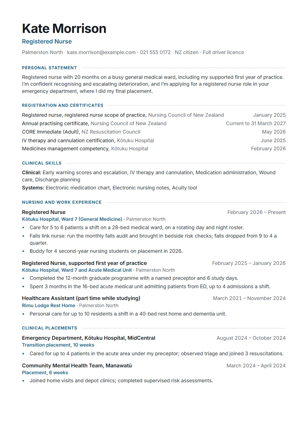An example New Zealand nursing CV for a registered nurse on a medical ward applying to an emergency department