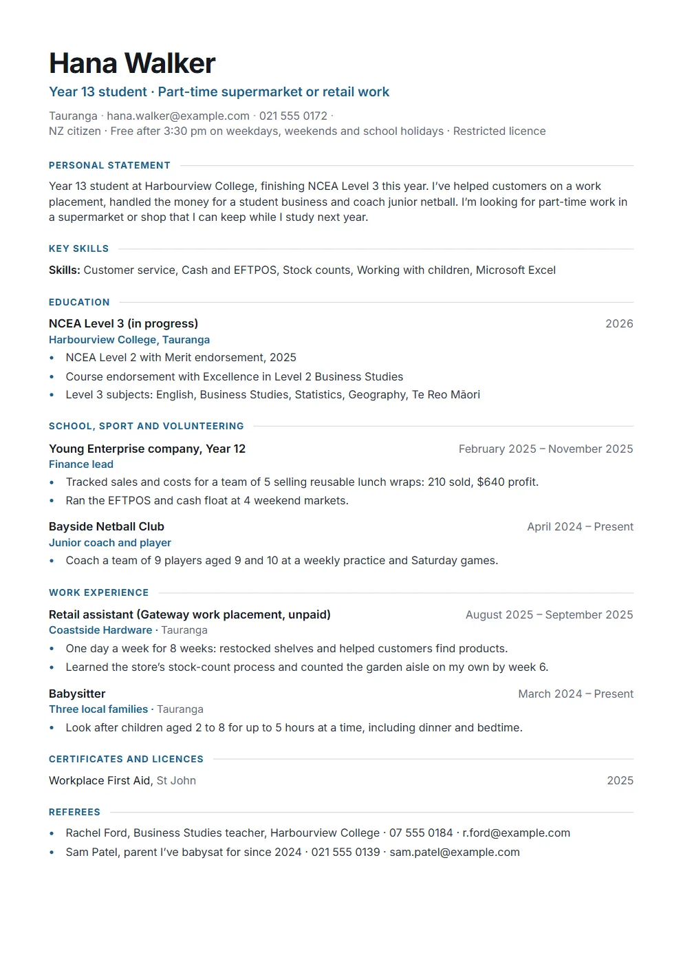 An example New Zealand student CV for a Year 13 student applying for part-time retail work