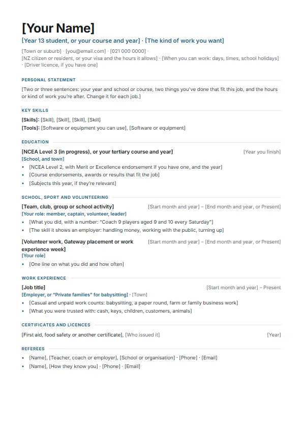 The blank Student CV (NZ) template, with prompts in square brackets