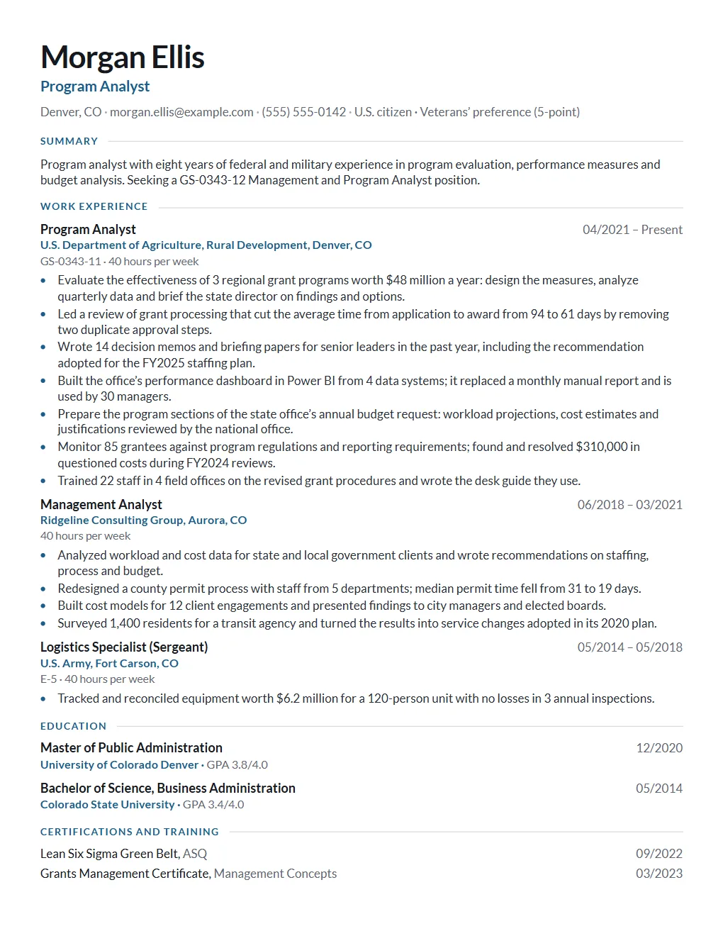 An example two-page federal resume made with the template