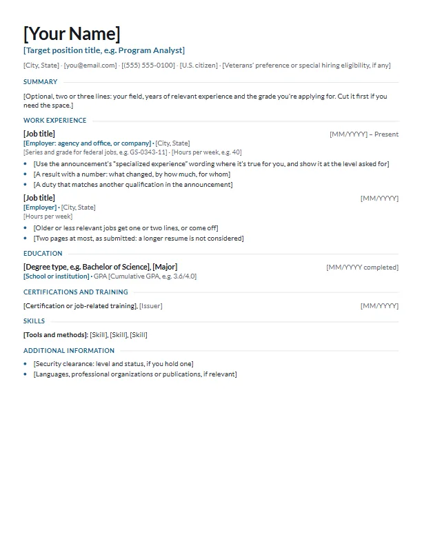 The blank federal resume template, with prompts in square brackets